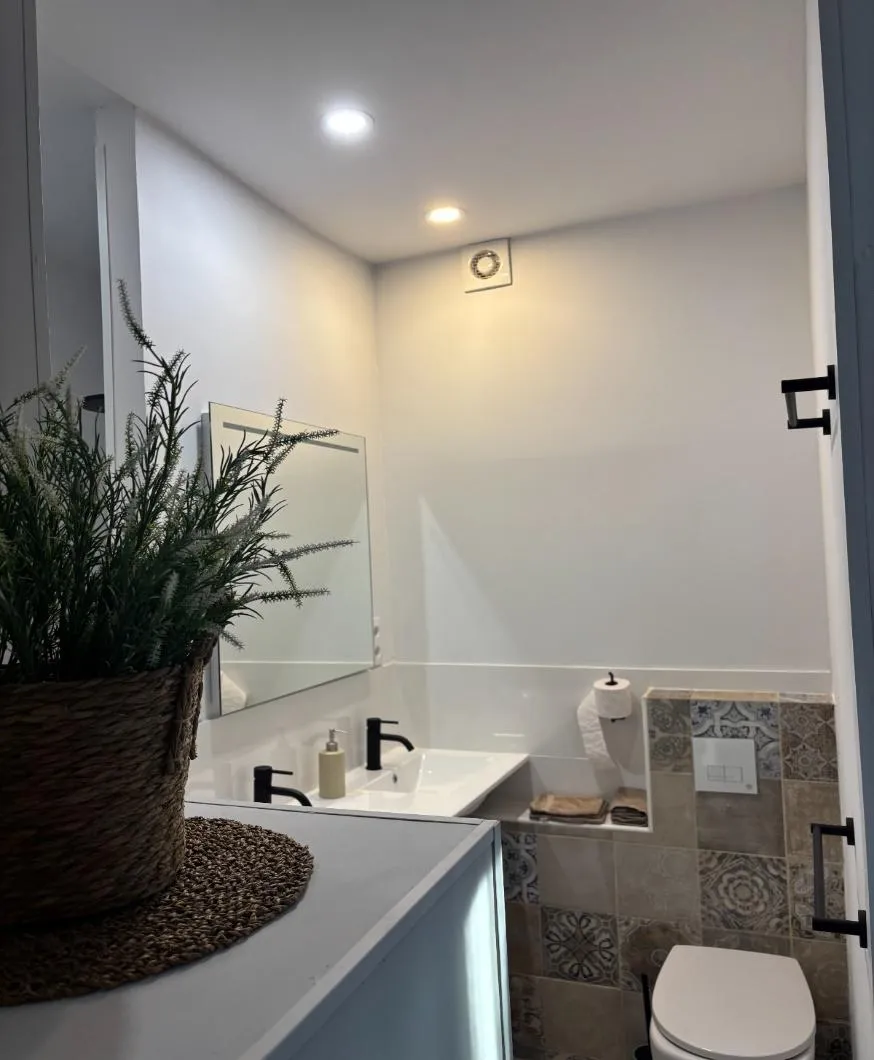 Badkamer met dubbele wastafel, plant en sierlijke wandtegels
